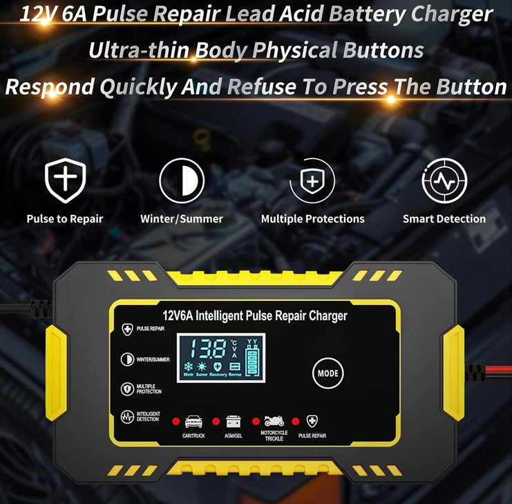 Battery Charger 12V 6A Intelligent Repair Charger with LCD Display