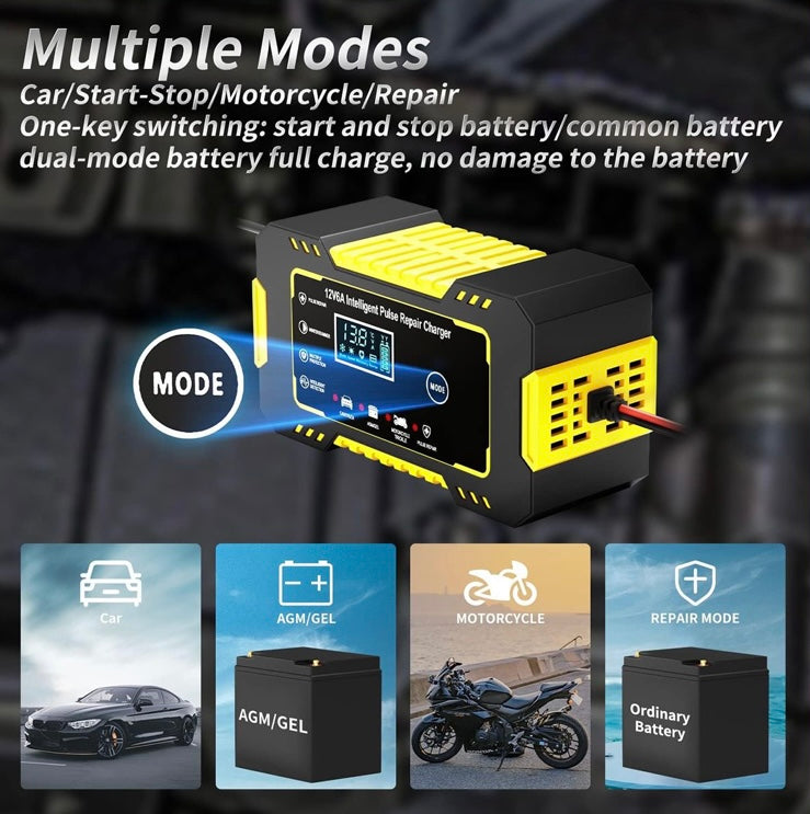 Battery Charger 12V 6A Intelligent Repair Charger with LCD Display