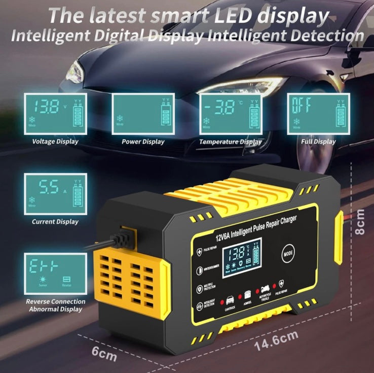 Battery Charger 12V 6A Intelligent Repair Charger with LCD Display